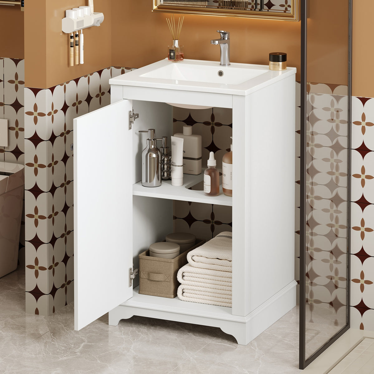 White bathroom vanity — front view