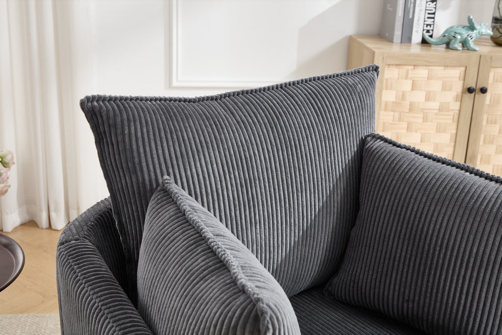 Swivel barrel chair side view showing the rounded silhouette