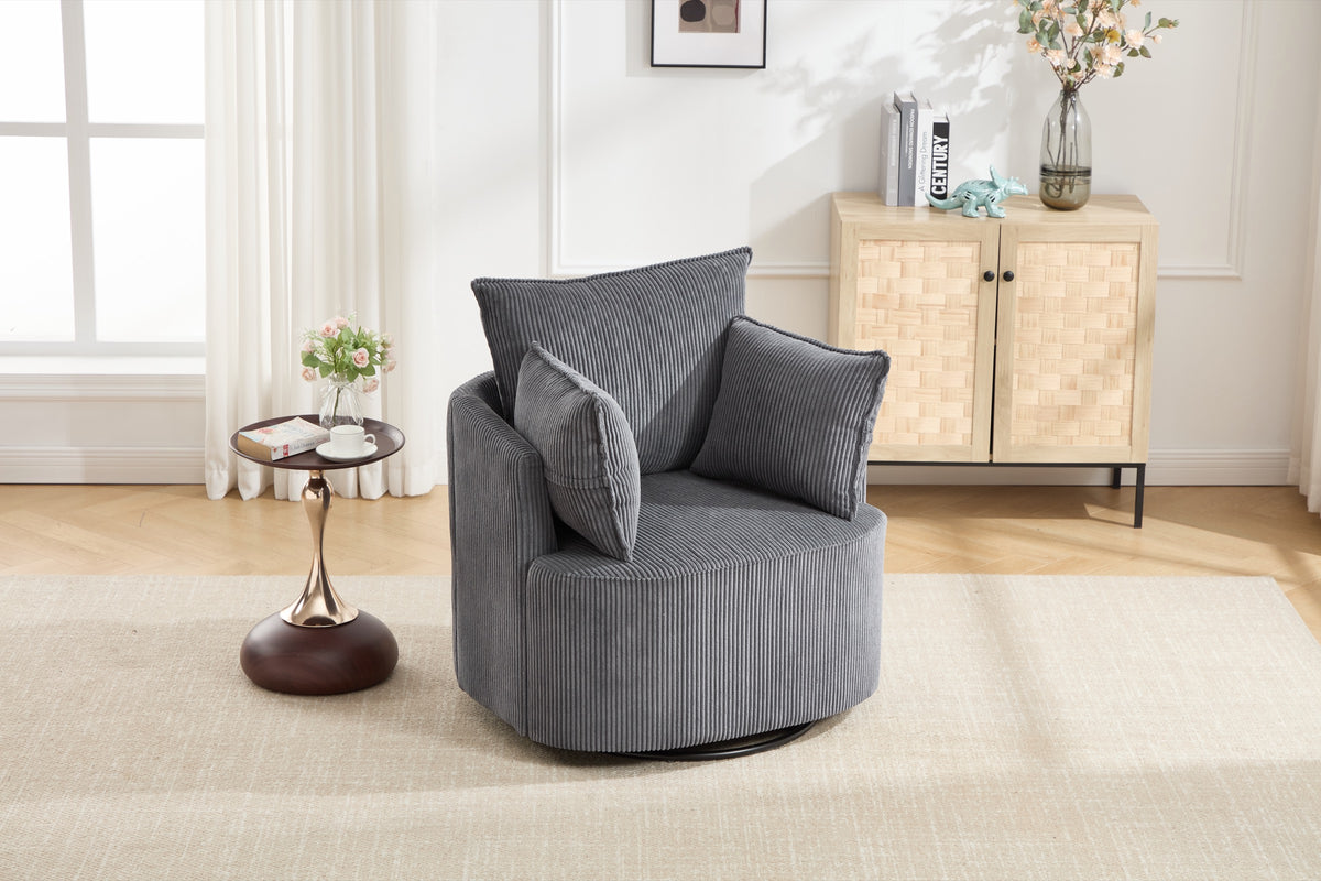 Grey barrel chair in a bright bedroom corner