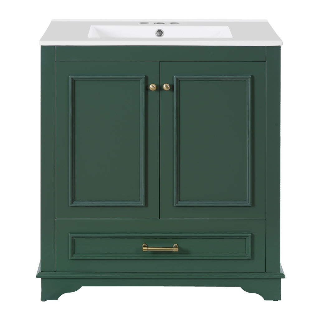 Green bathroom vanity — in-use view