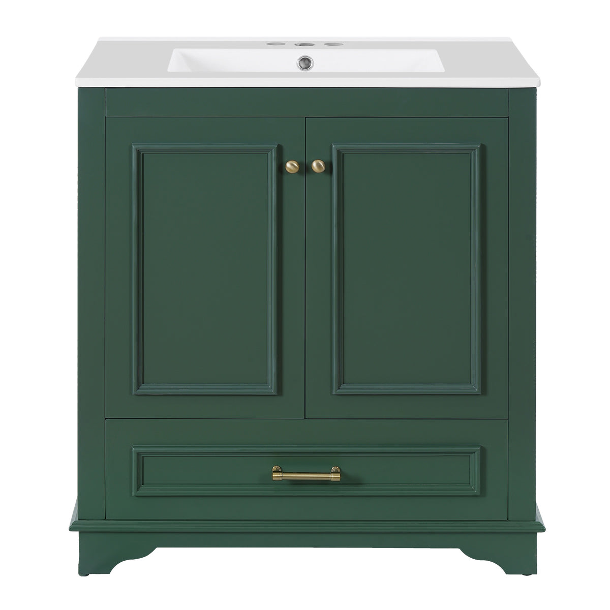 Green bathroom vanity — in-use view