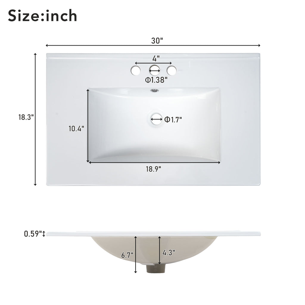 White bathroom vanity detail view showing sink and countertop