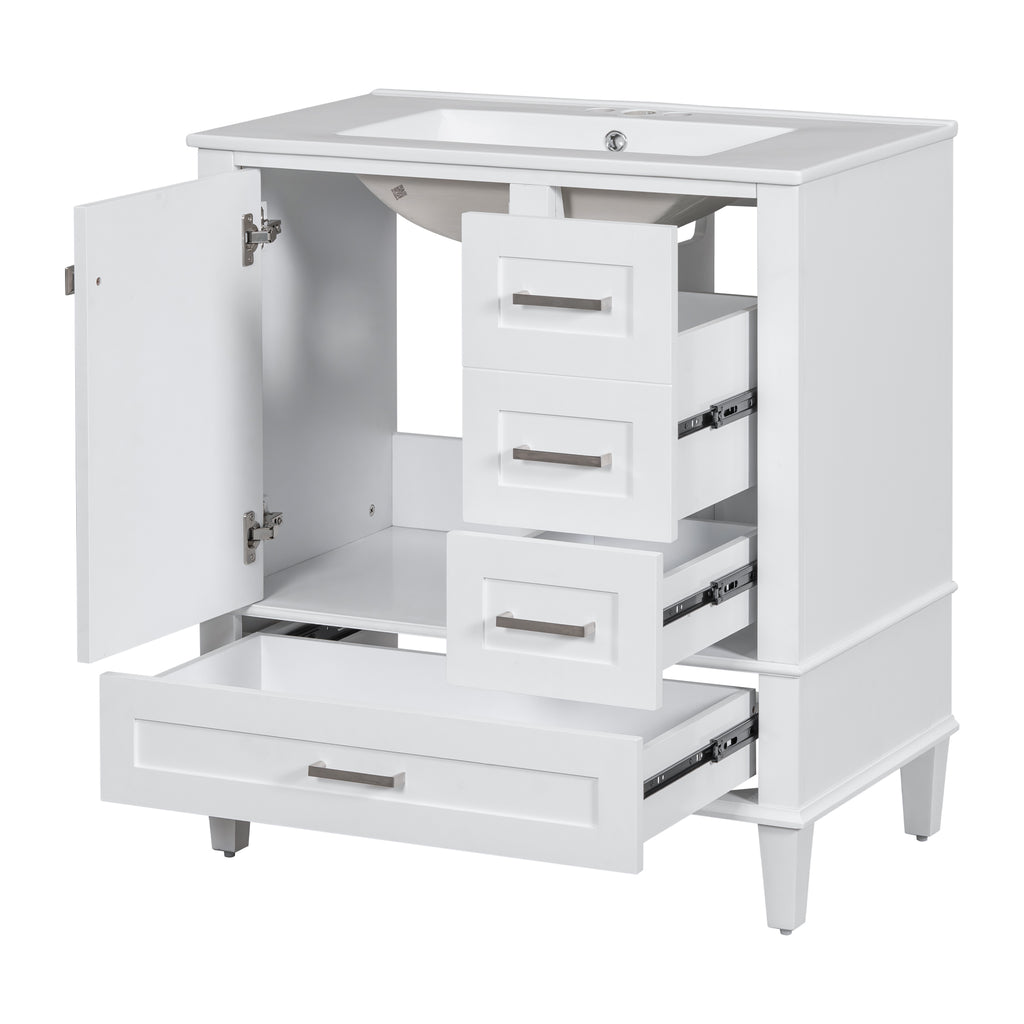 White bathroom vanity shown in a warm modern bathroom