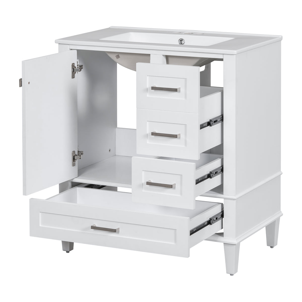 White bathroom vanity shown in a warm modern bathroom