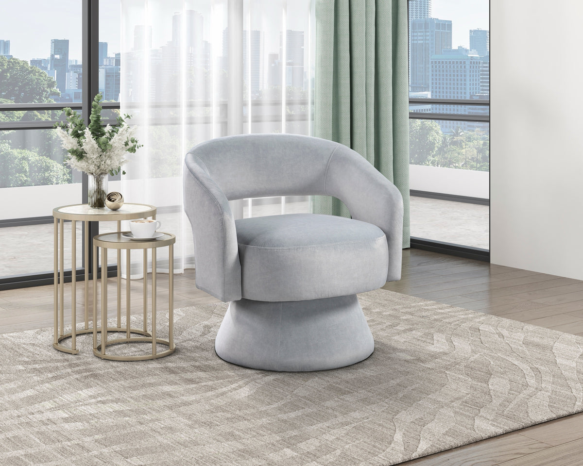 Gray accent chair — close-up detail