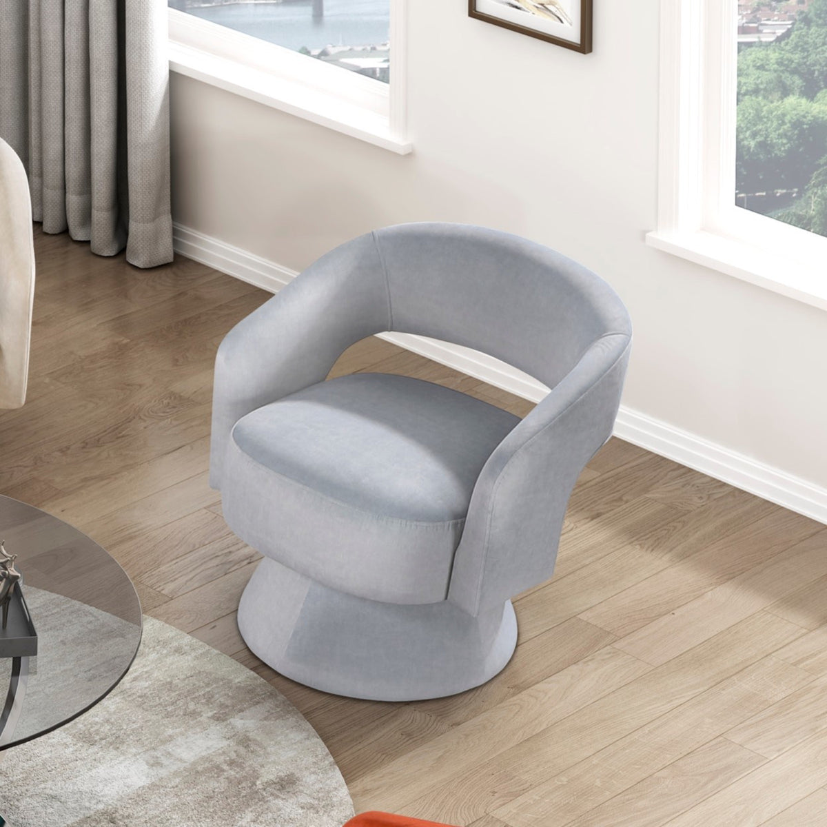 Gray accent chair — in-use view