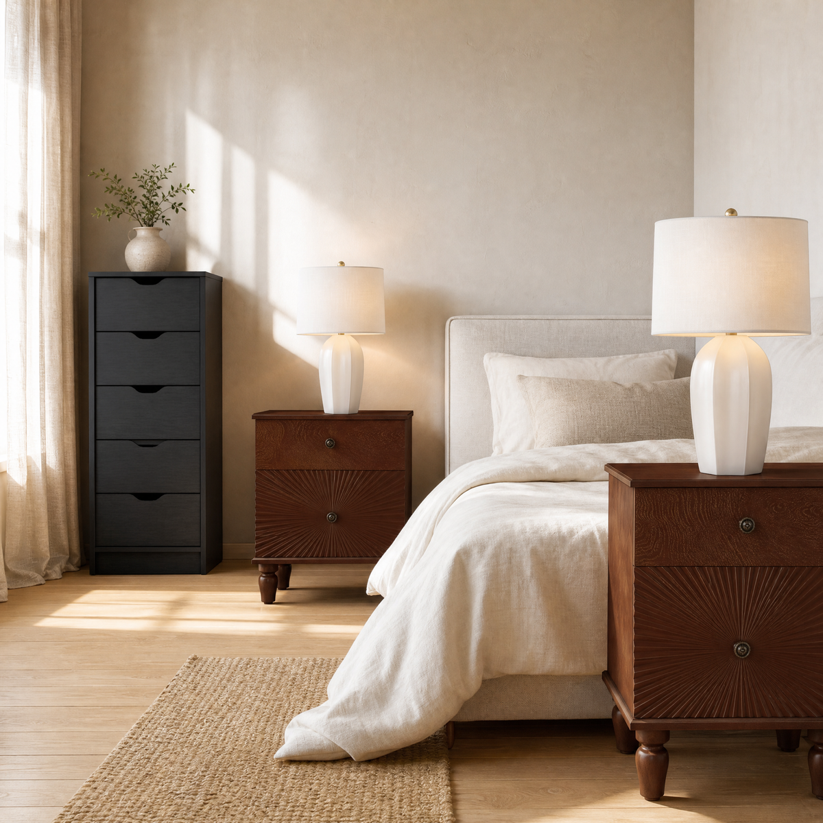 Two walnut nightstands with cream ceramic lamps and a wenge dresser in a soft Japandi bedroom