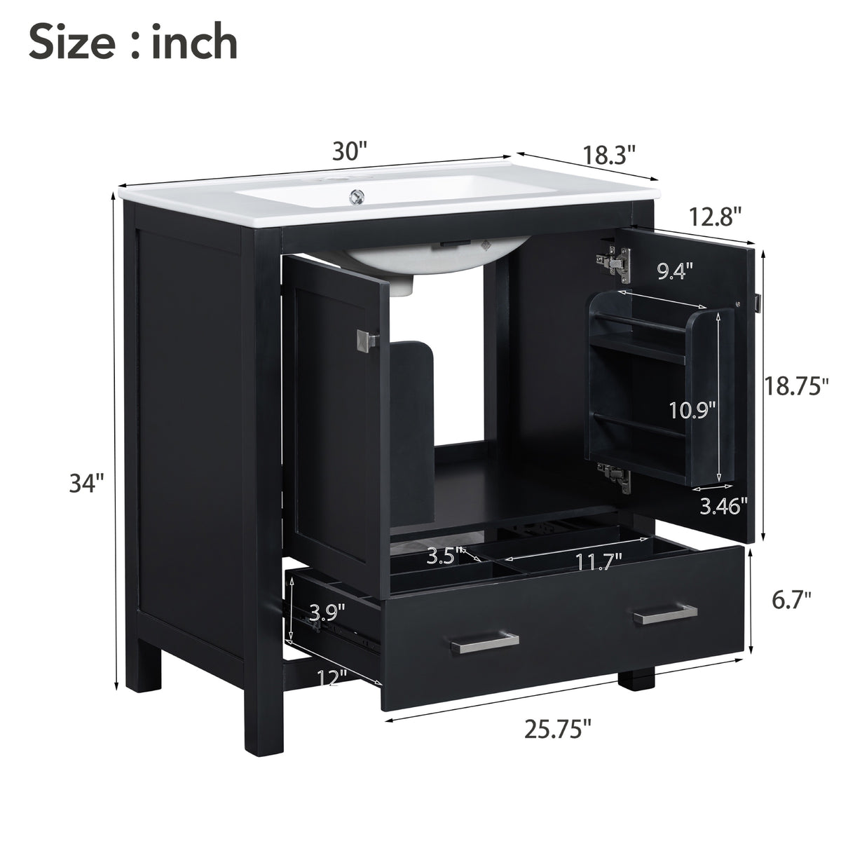 Black bathroom vanity — close-up detail