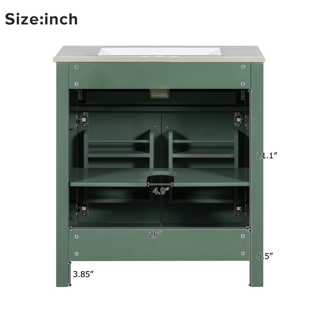 Green bathroom vanity — in-use view