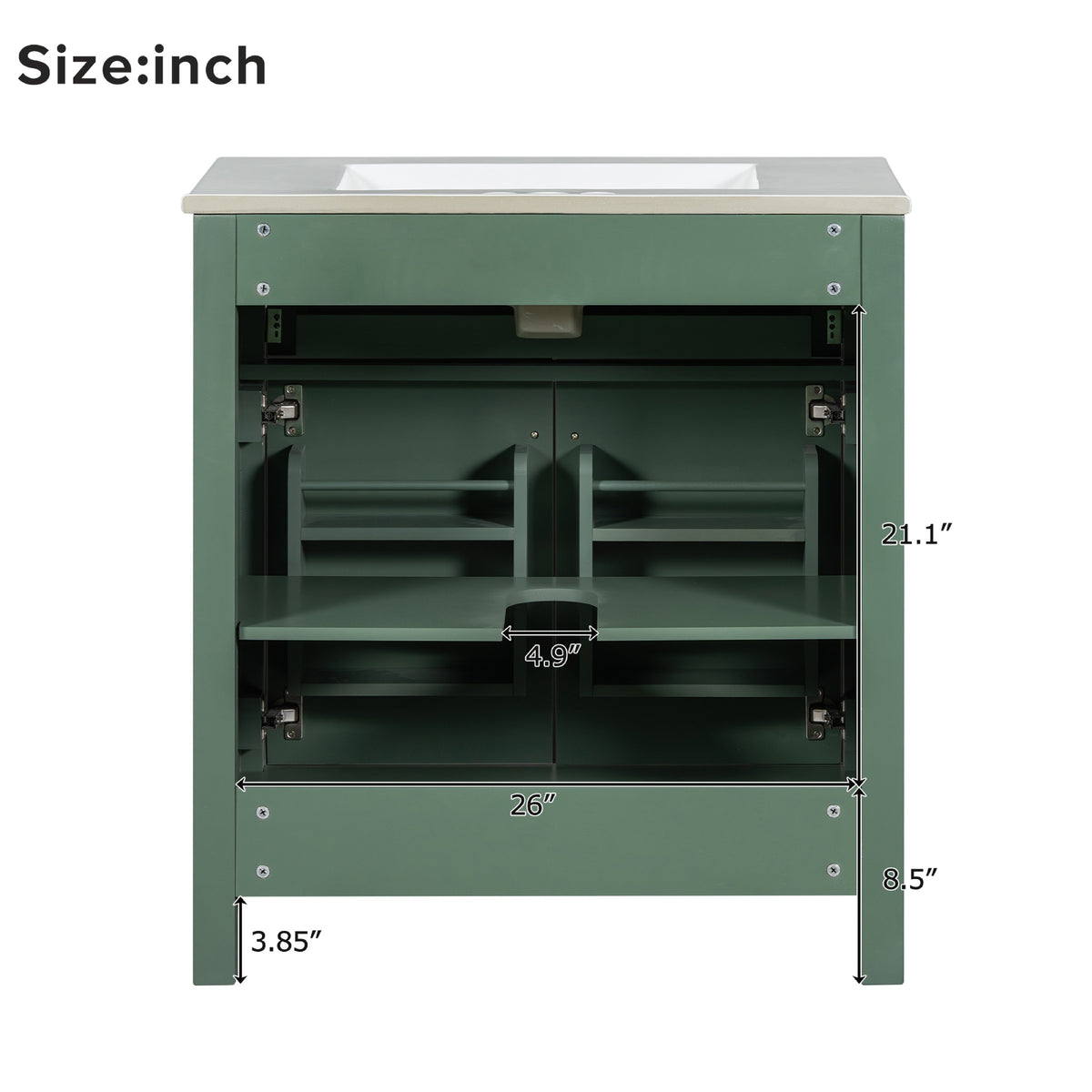 Green bathroom vanity — in-use view