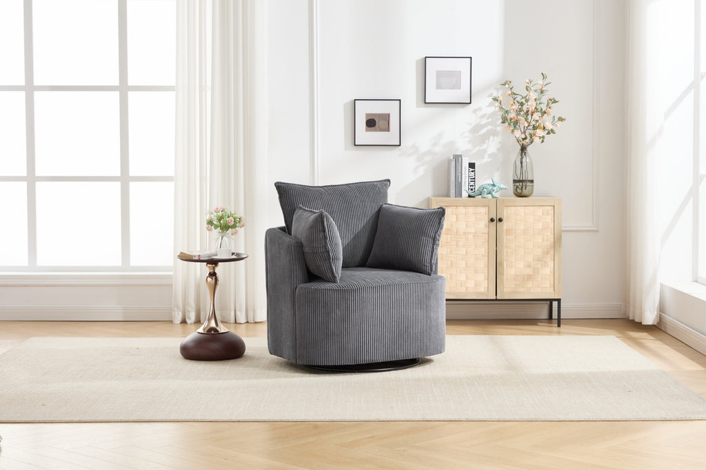 Grey barrel chair, front view showing the curved backrest