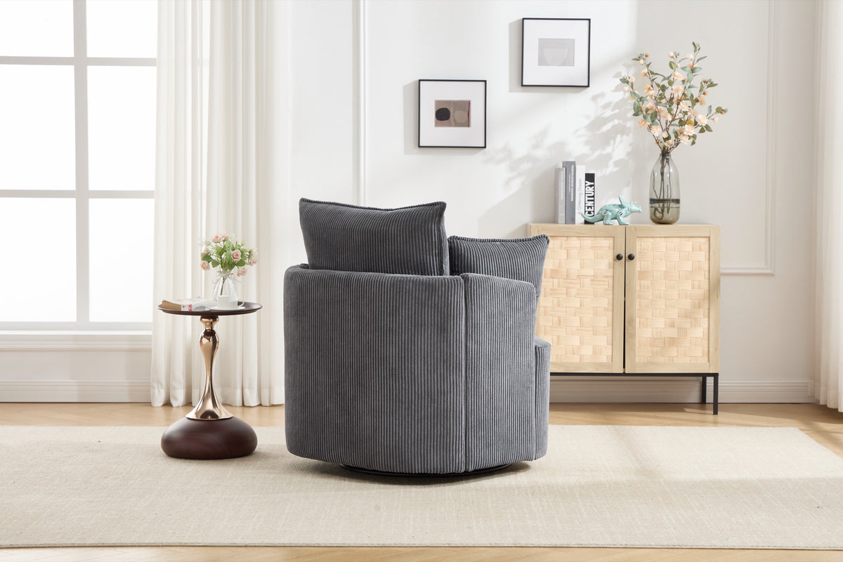Swivel barrel chair in a styled living room with a side table