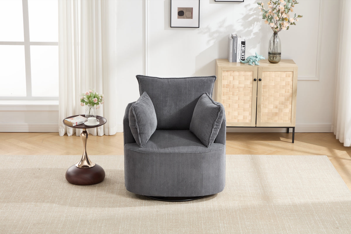 Grey accent chair with throw pillows in a living room