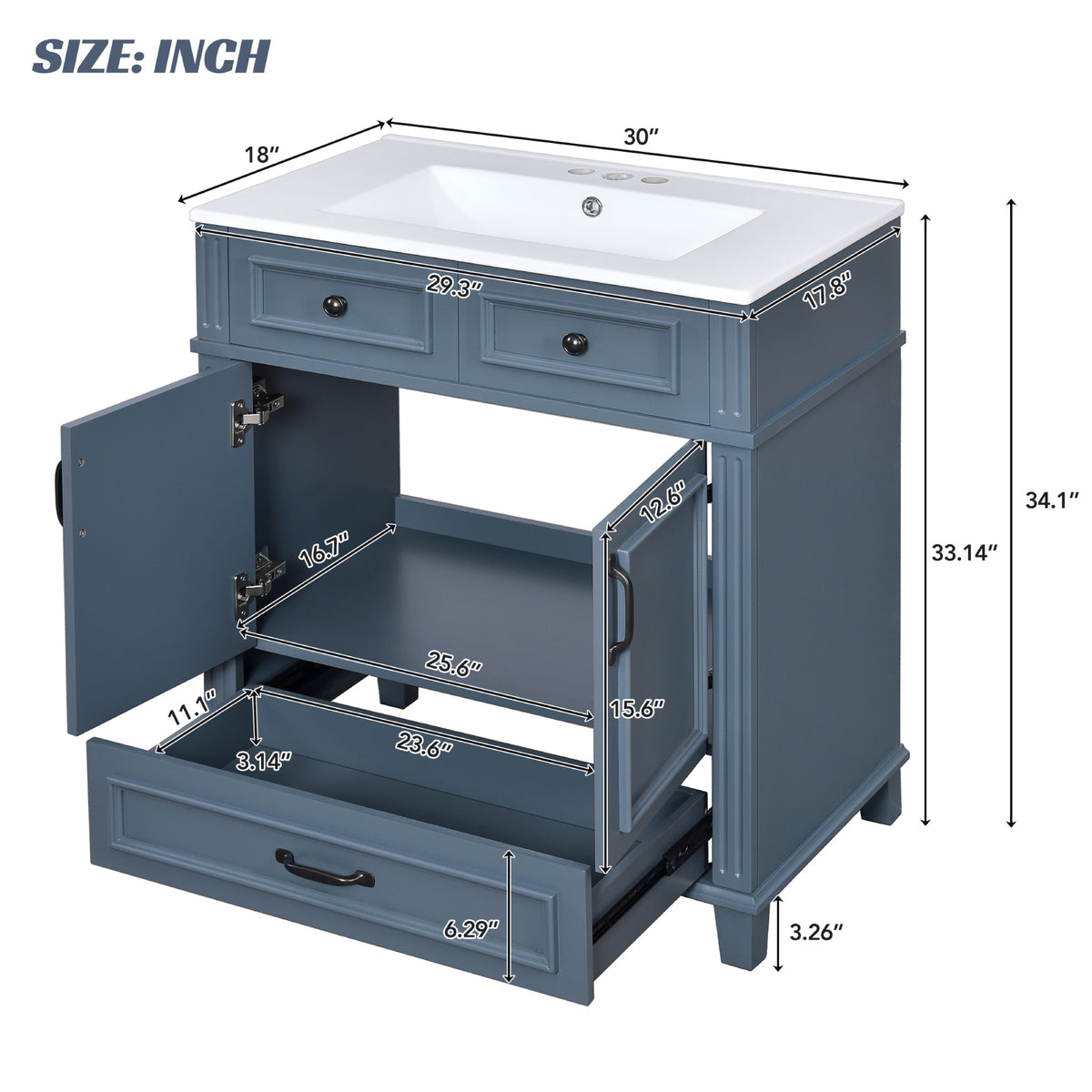 Blue bathroom vanity — close-up detail