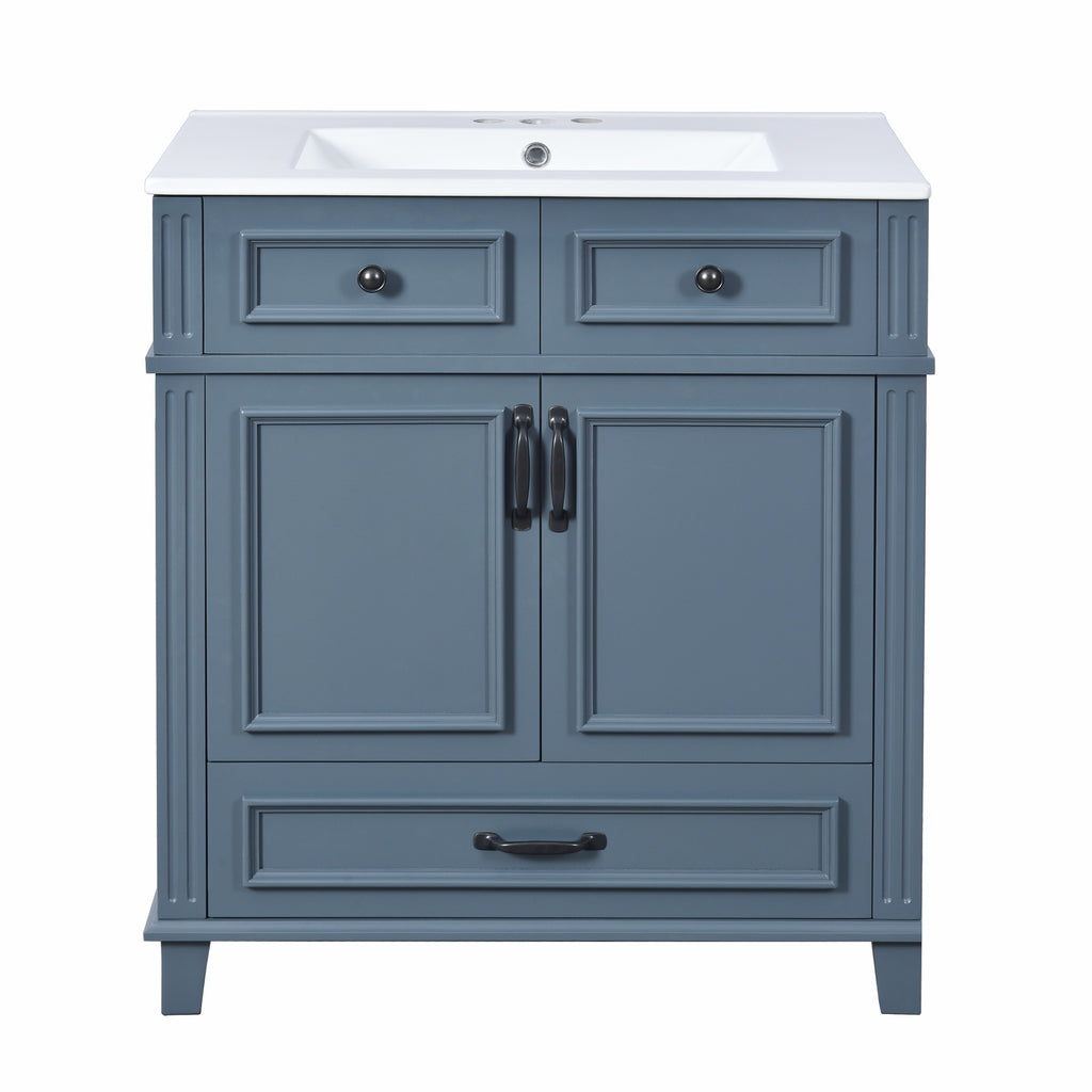 Blue bathroom vanity — in-use view