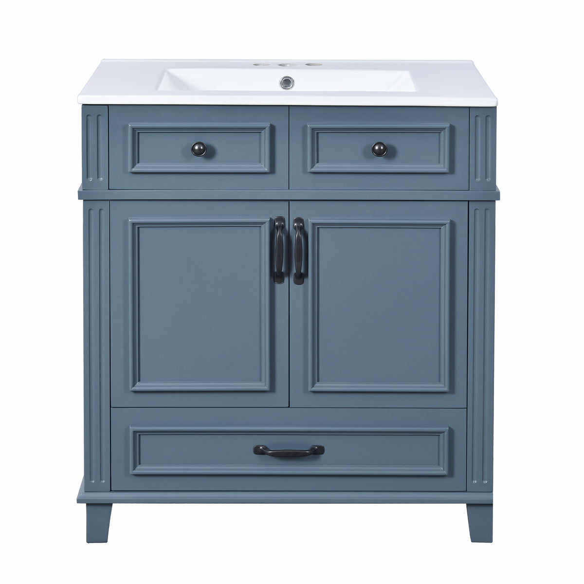 Blue bathroom vanity — in-use view