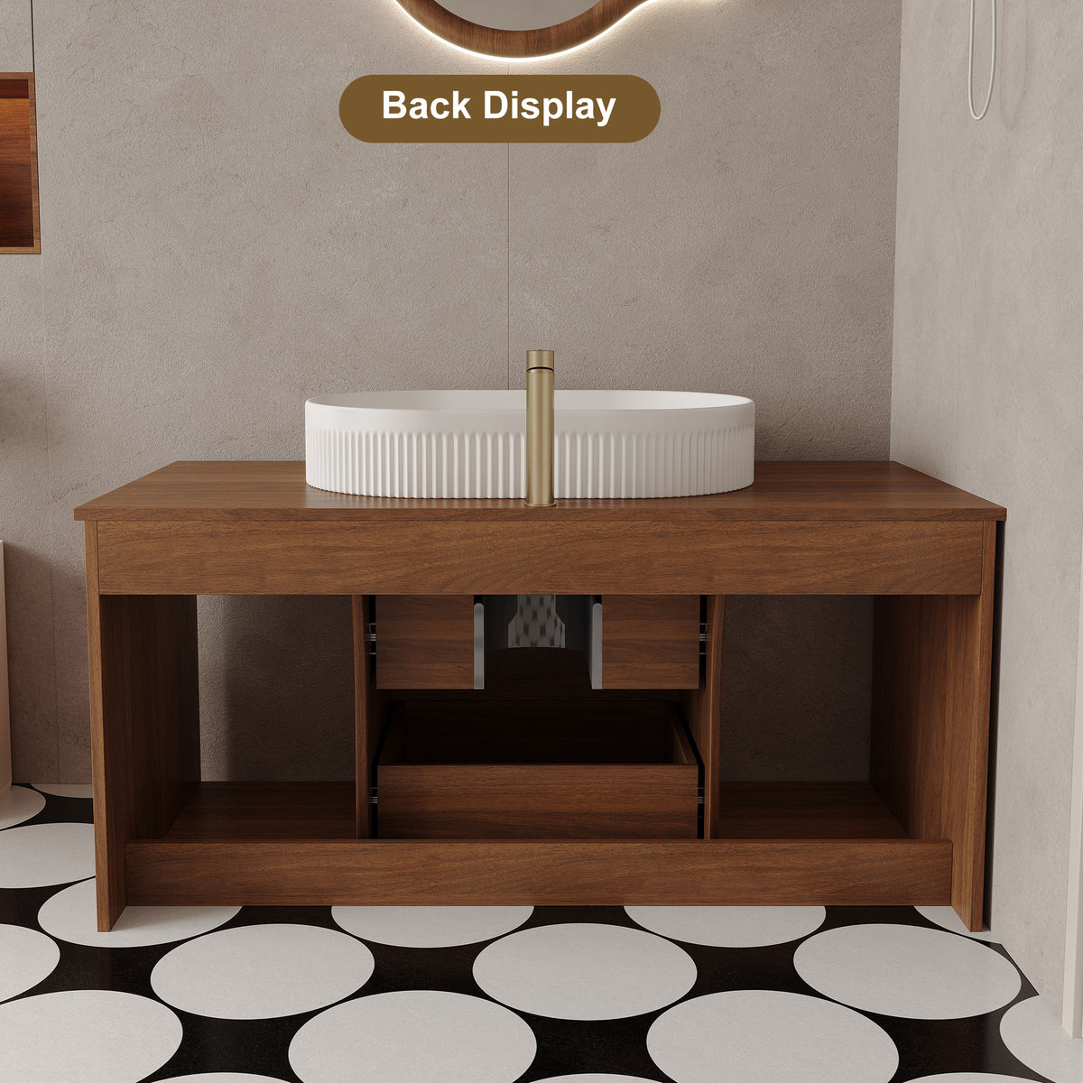 Walnut vanity side view in a warm modern bathroom