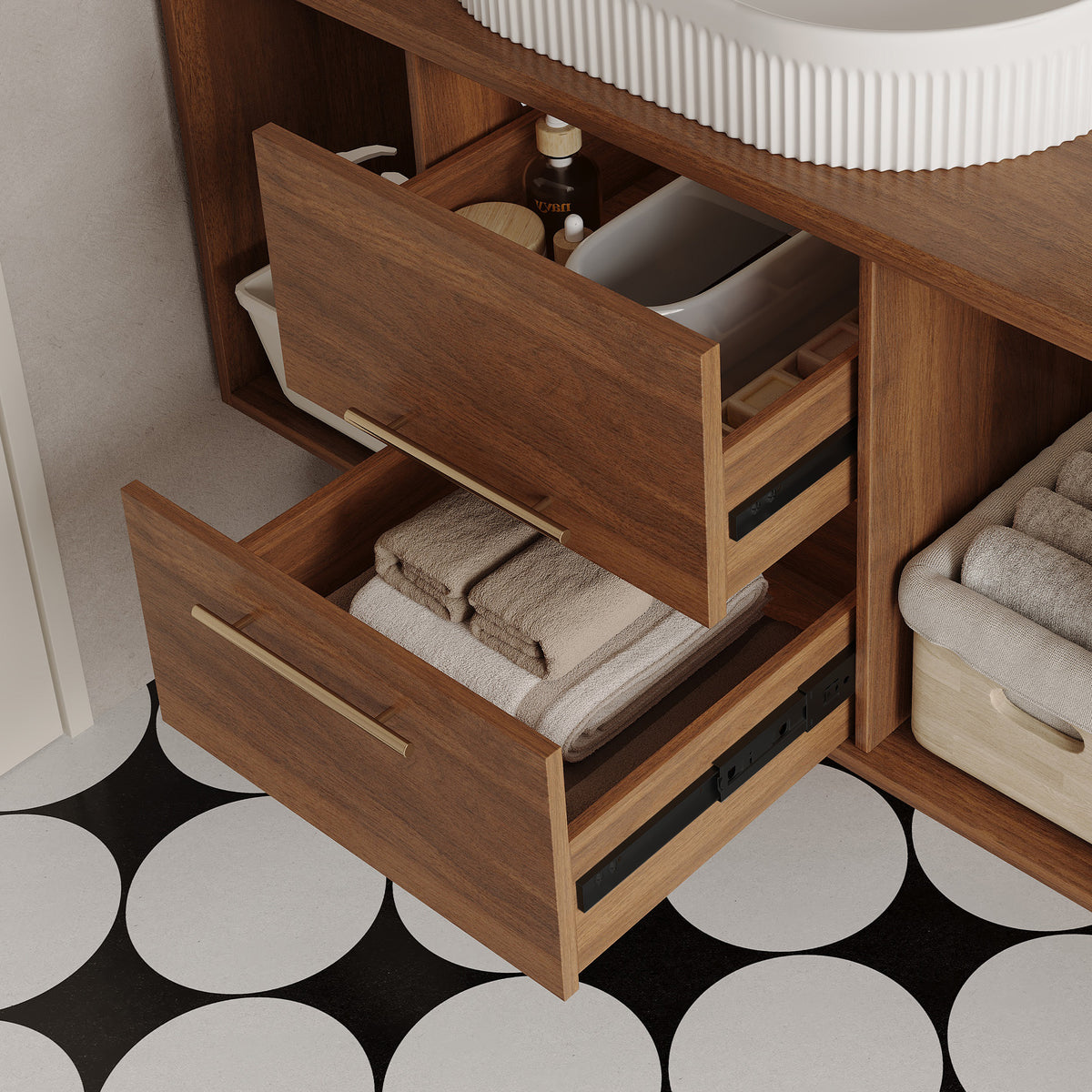 Back view of the walnut floating vanity cabinet