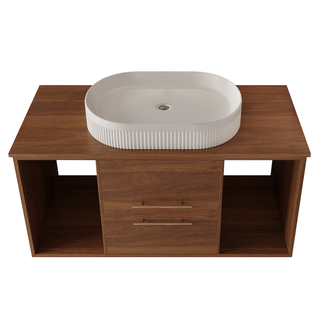 Walnut bathroom vanity with white ceramic basin, styled bathroom