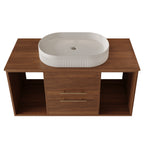 Walnut bathroom vanity with white ceramic basin, styled bathroom