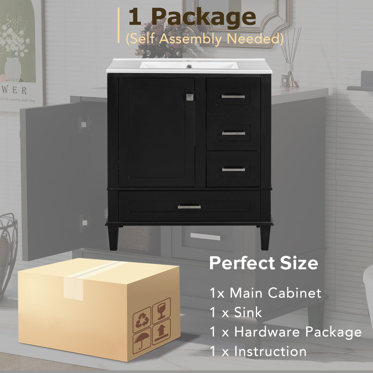 Black bathroom vanity — in-use view