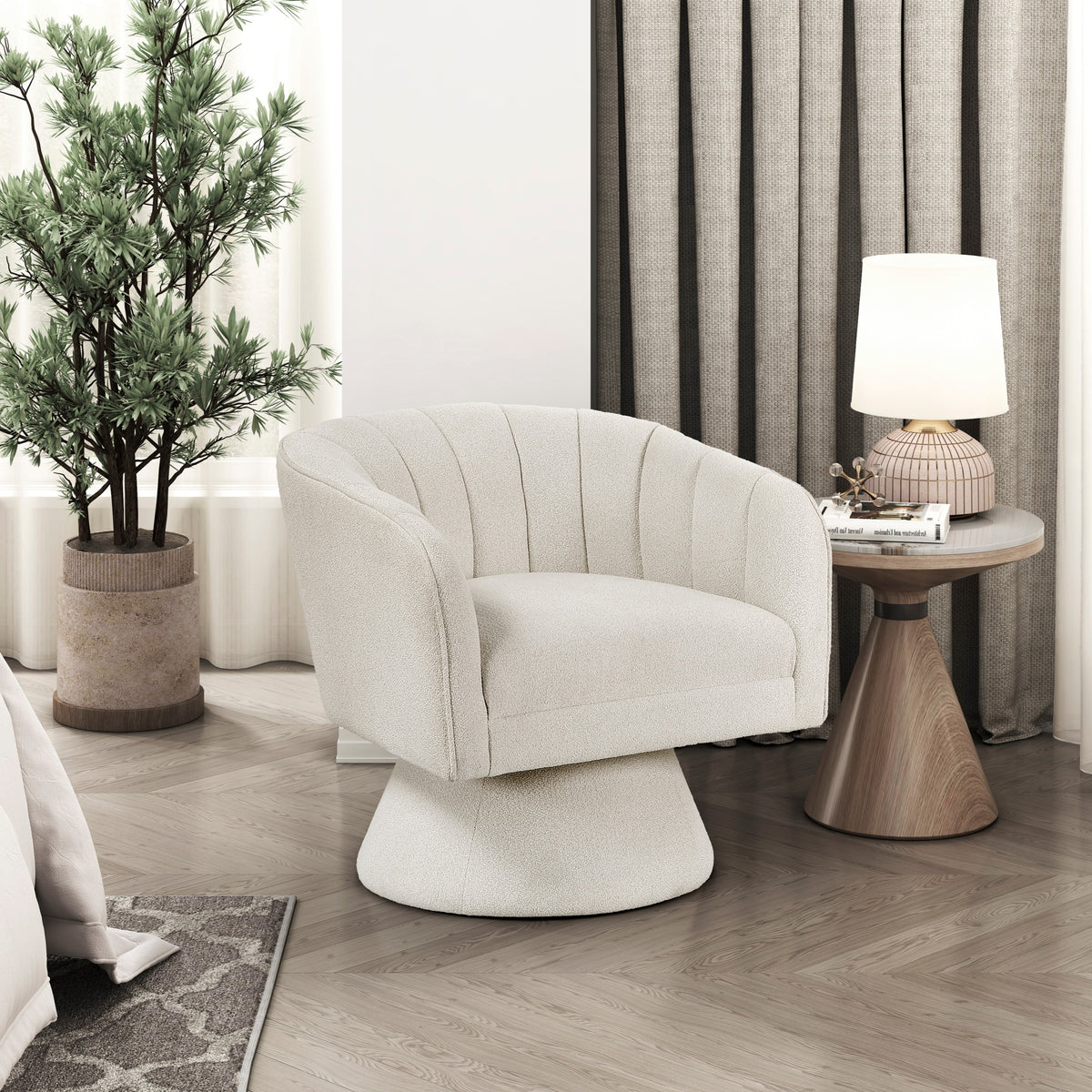 Beige boucle swivel chair in a styled living room