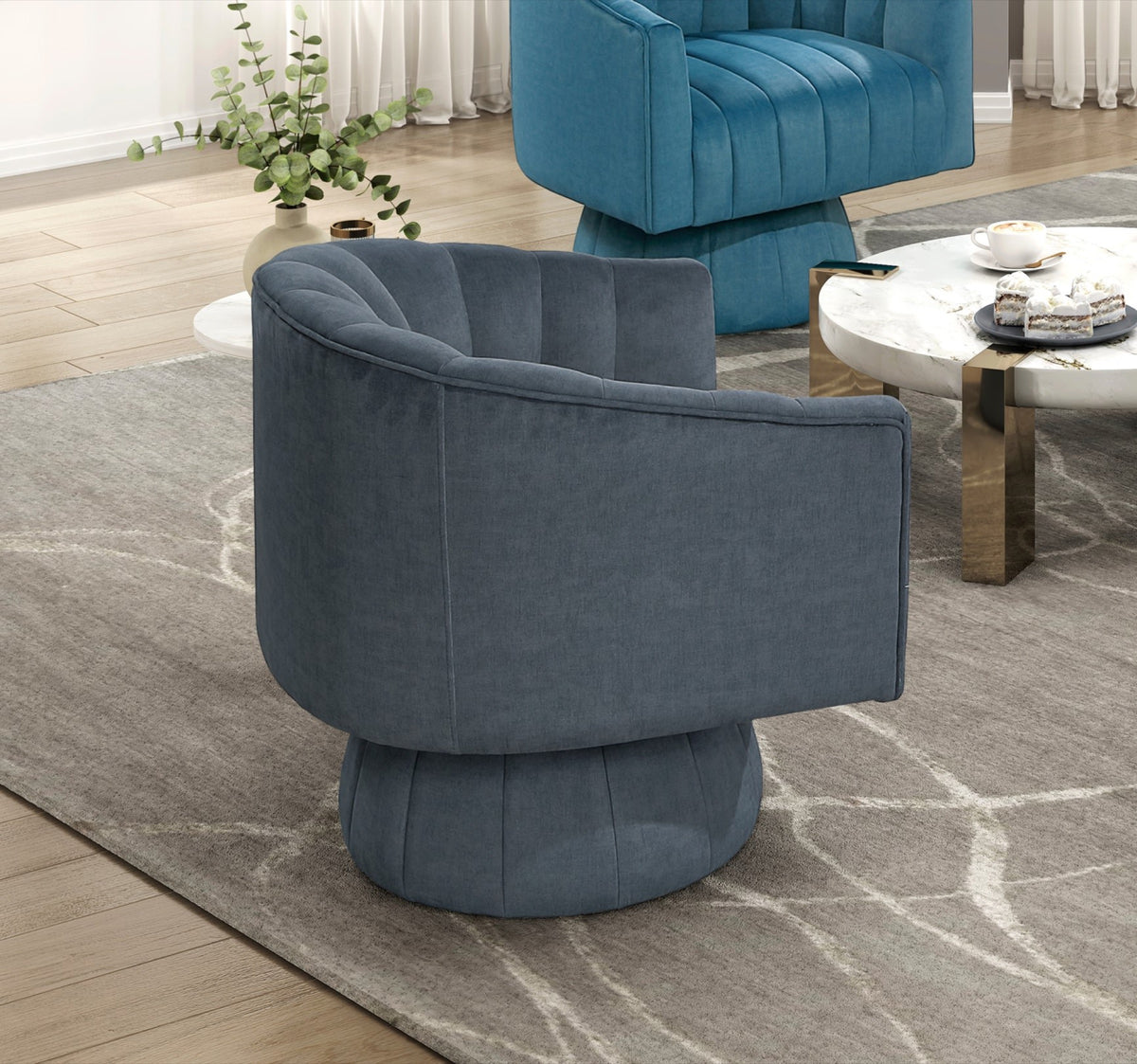 Dark Gray barrel accent chair — in-use view