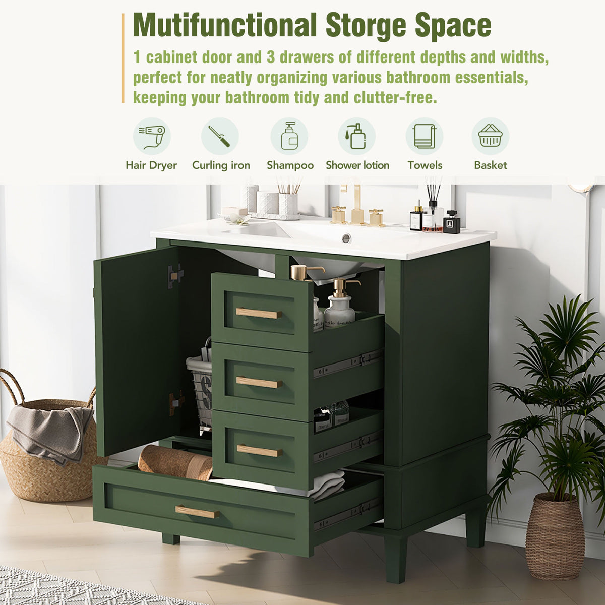 Green bathroom vanity — lifestyle view