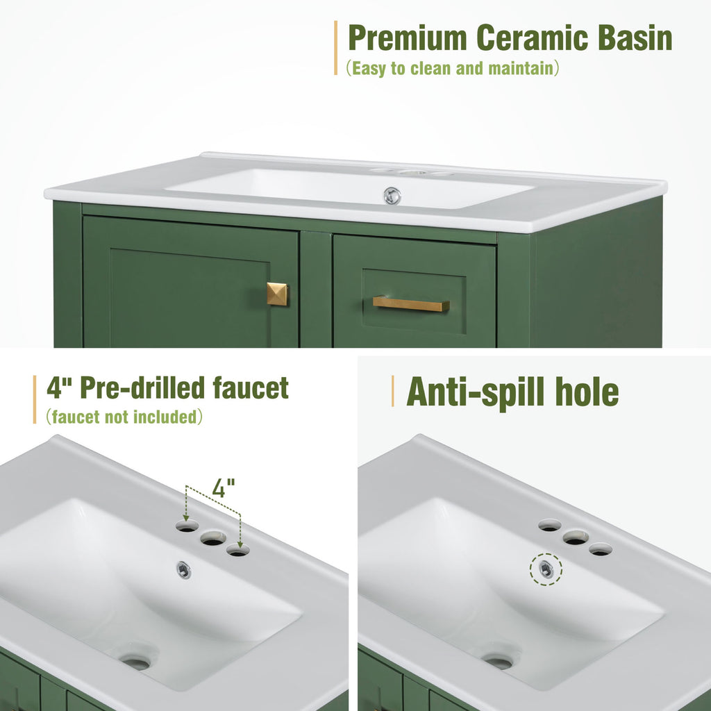 Green bathroom vanity — close-up detail