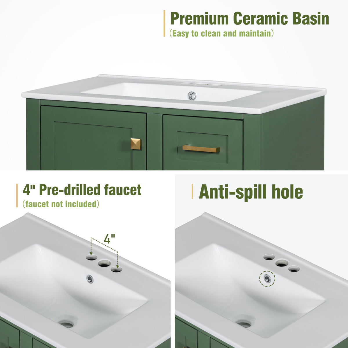 Green bathroom vanity — close-up detail