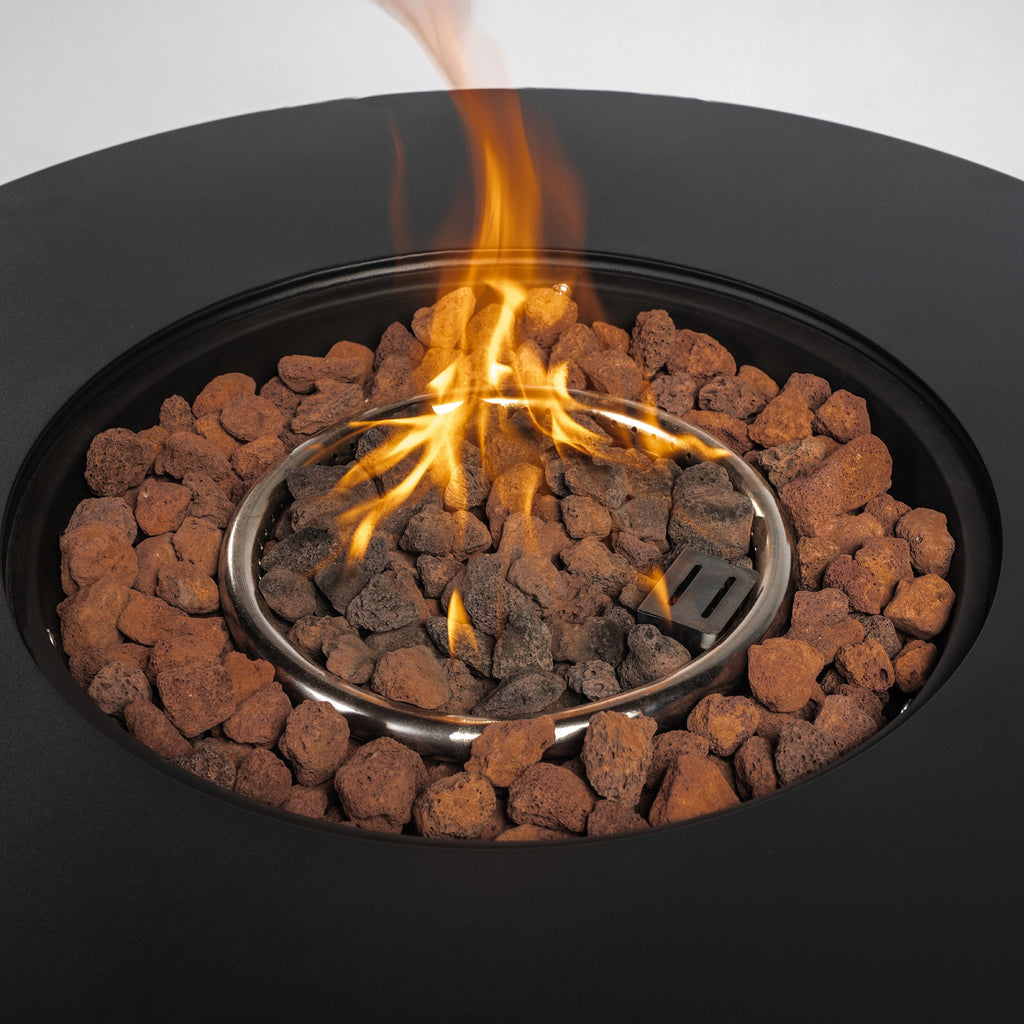 Black patio heater — close-up detail