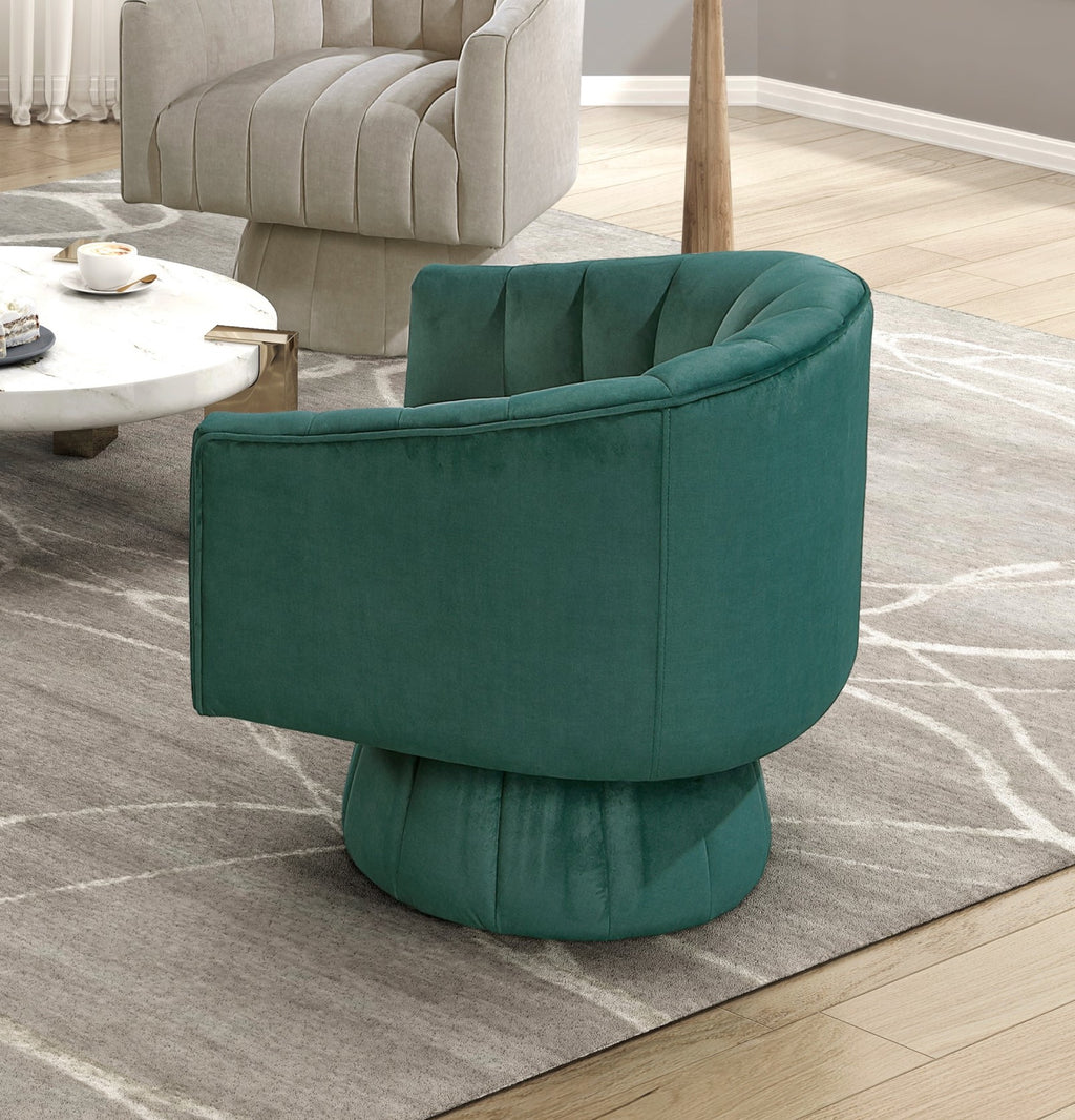 Dark Green barrel accent chair — in-use view