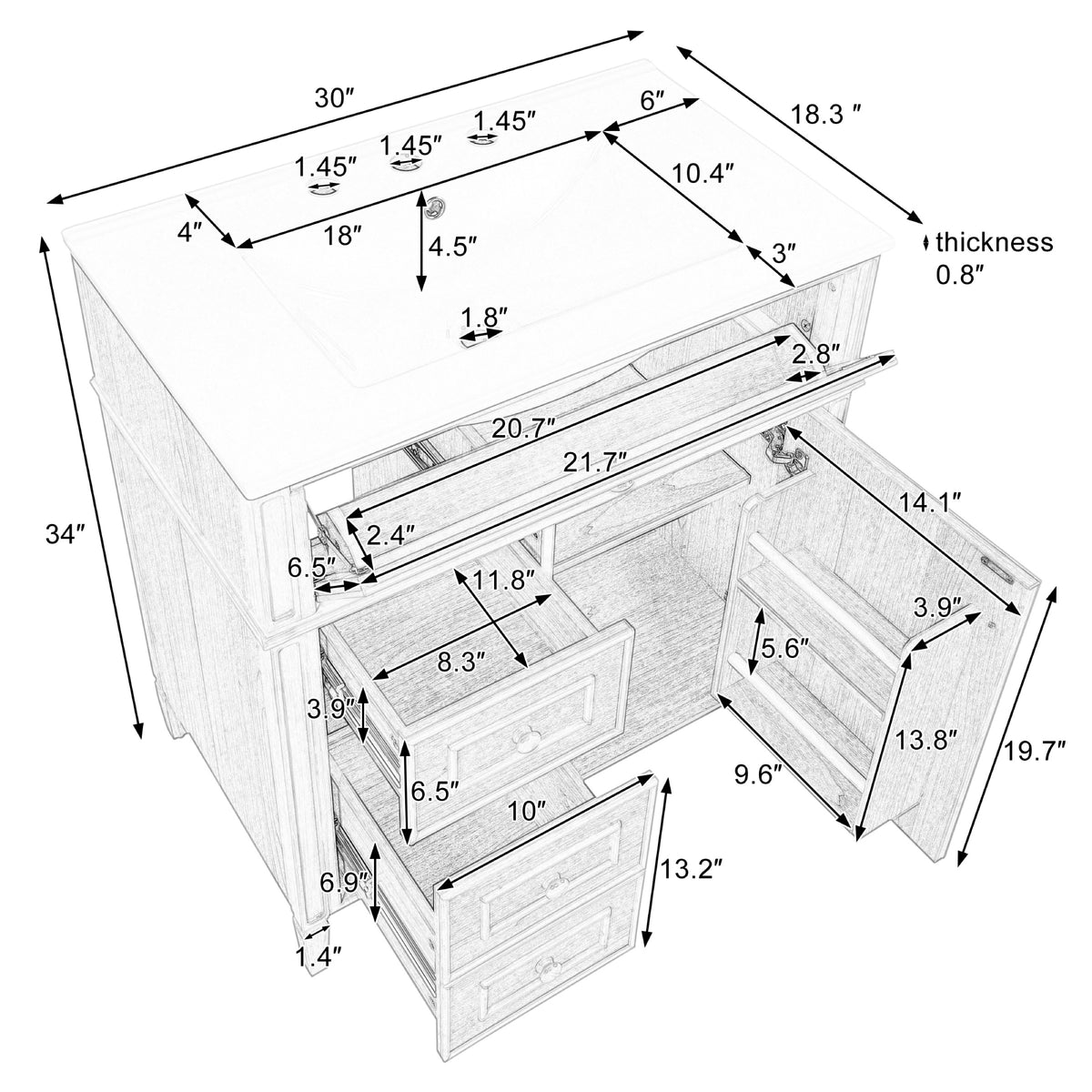 Wood bathroom vanity — in-use view