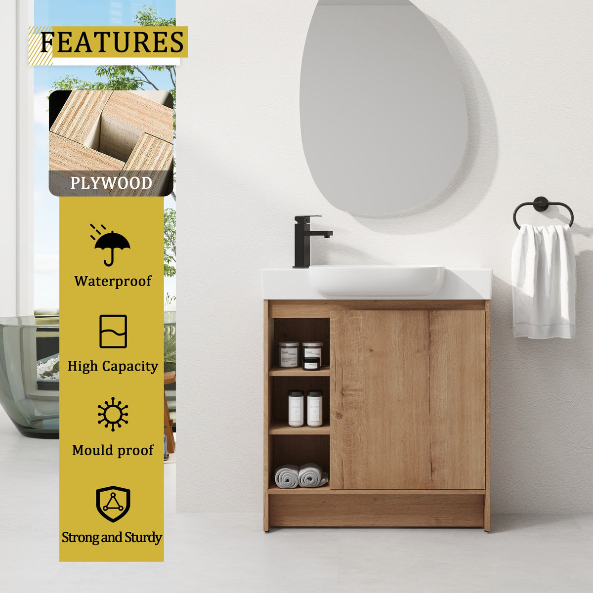 Imitative Oak bathroom vanity — in-use view
