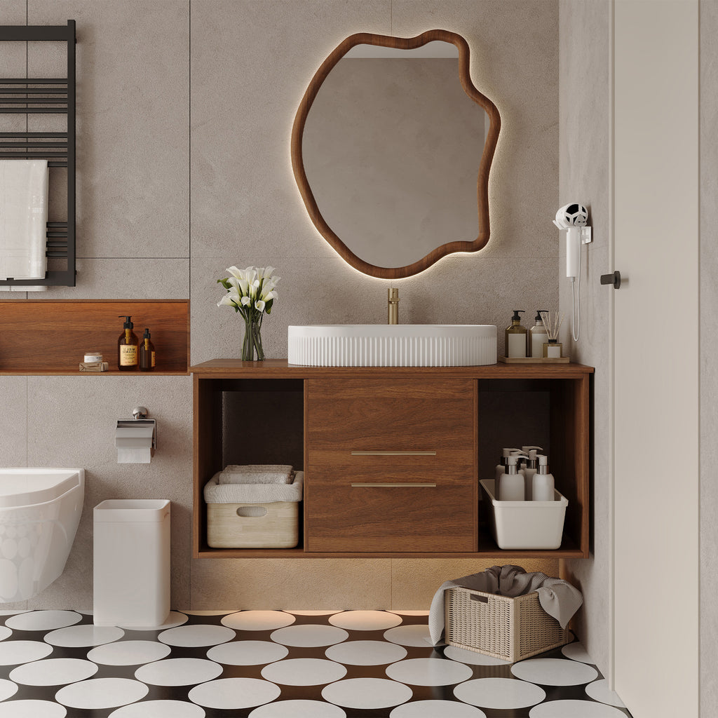 Walnut floating bathroom vanity with oval ceramic sink in a modern bathroom