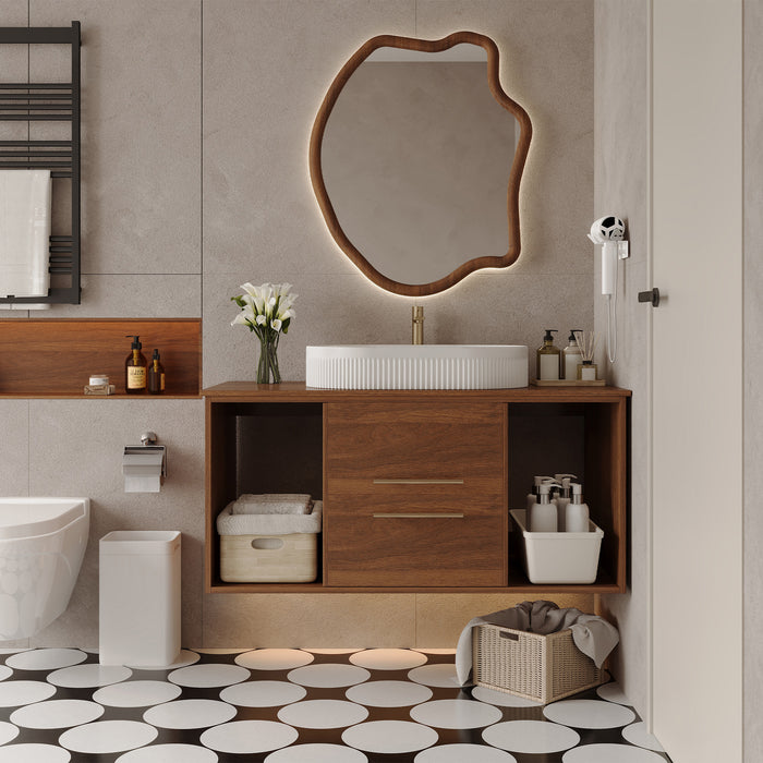 Walnut floating bathroom vanity with oval ceramic sink in a modern bathroom