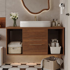 Walnut bathroom vanity with open shelves and soft-close drawers