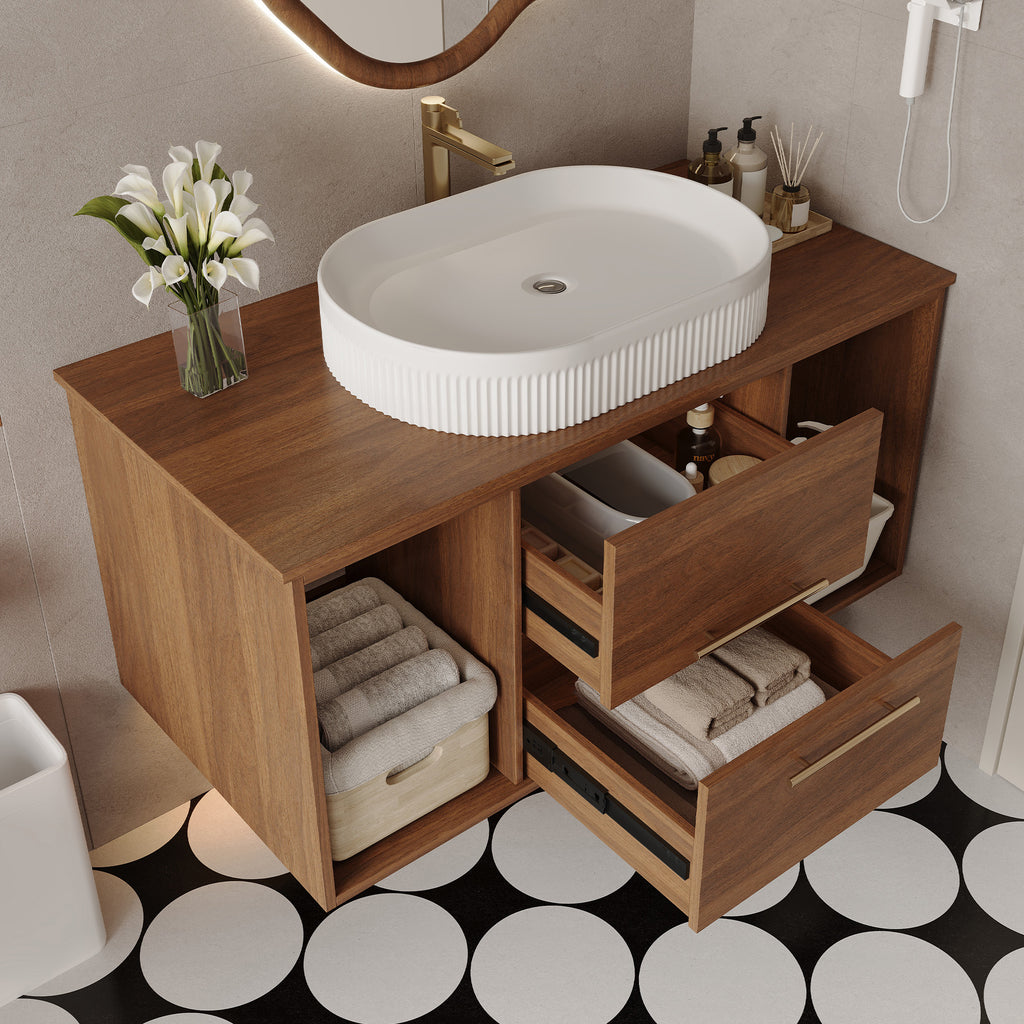 Walnut vanity with drawers open showing storage