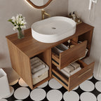 Walnut vanity with drawers open showing storage