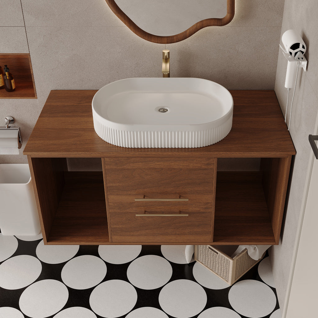Walnut floating vanity installed against a tiled bathroom wall