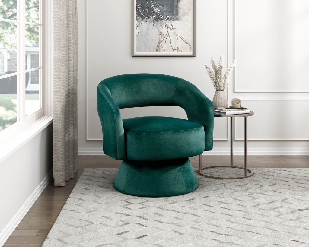 Green accent chair — close-up detail