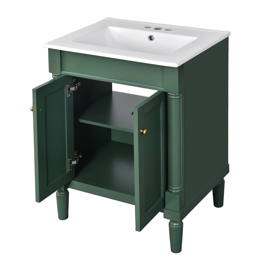 Green bathroom vanity — in-use view