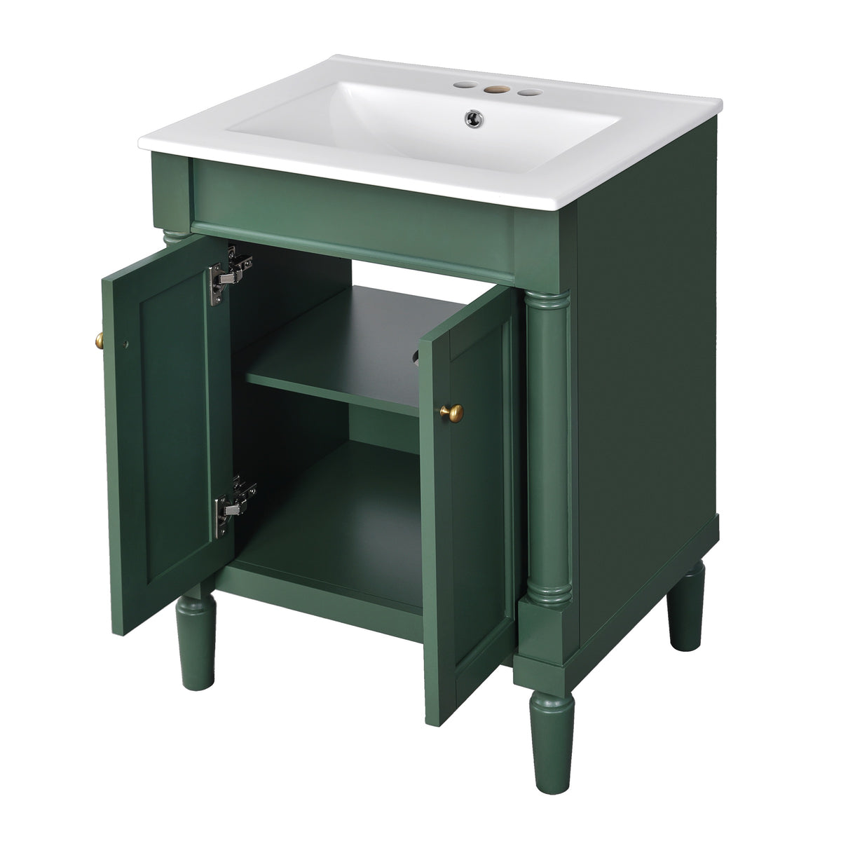 Green bathroom vanity — in-use view