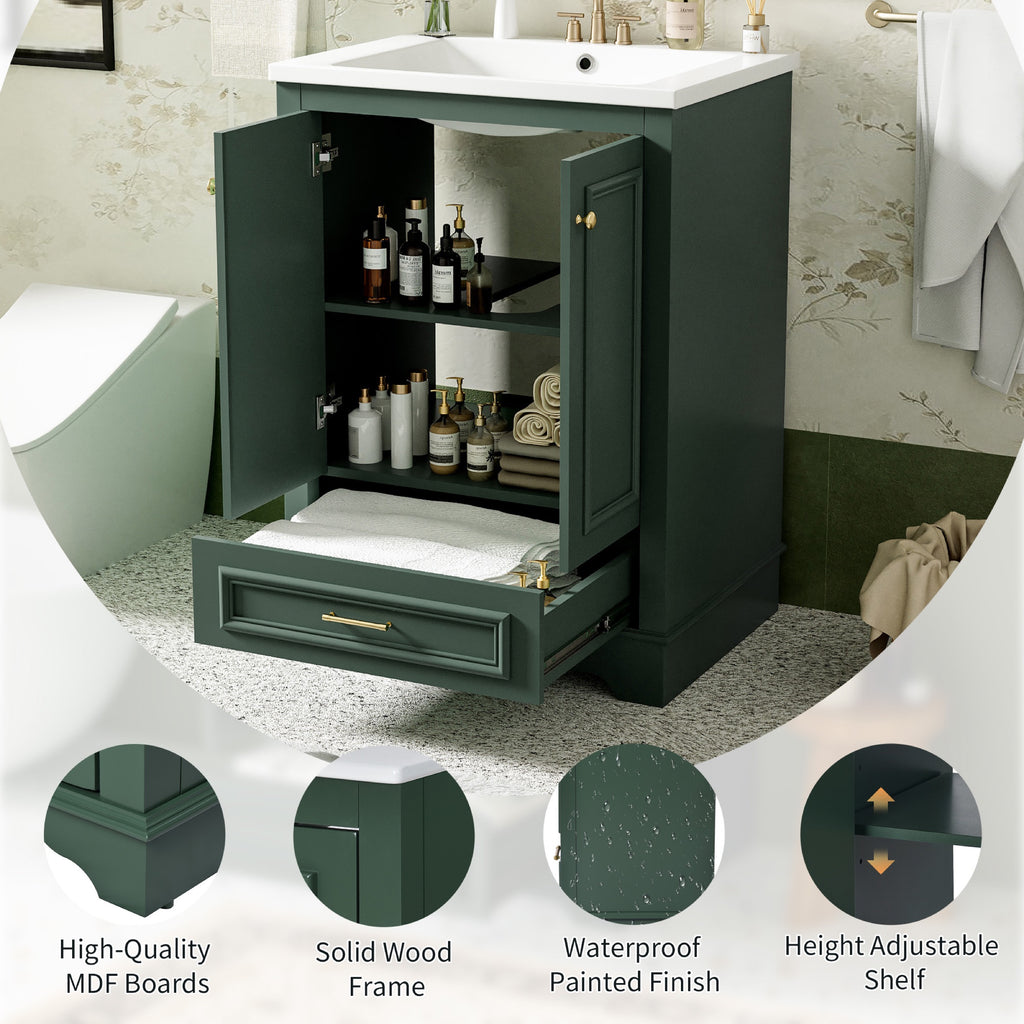 Green bathroom vanity — lifestyle view