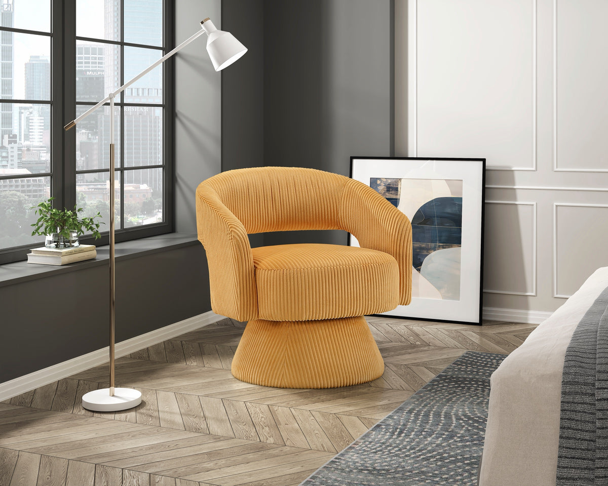 Yellow accent chair — close-up detail