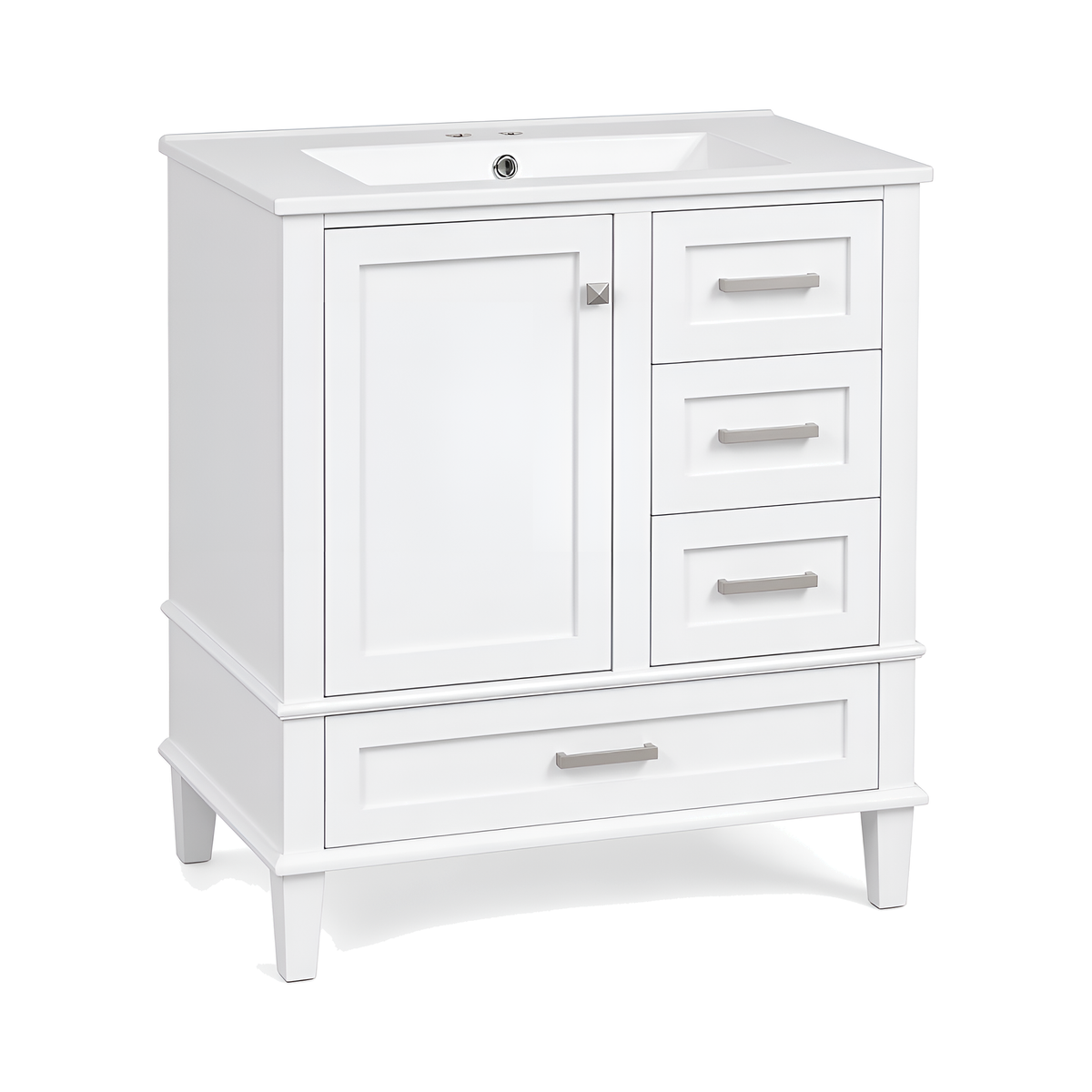 30" White Bathroom Vanity, Ceramic Sink on white background